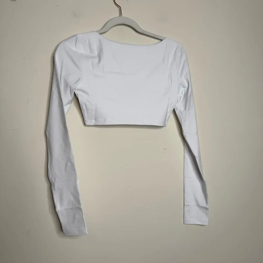 Susana Monaco Micro Square Neck Long Sleeve Top - White NWT Size Large